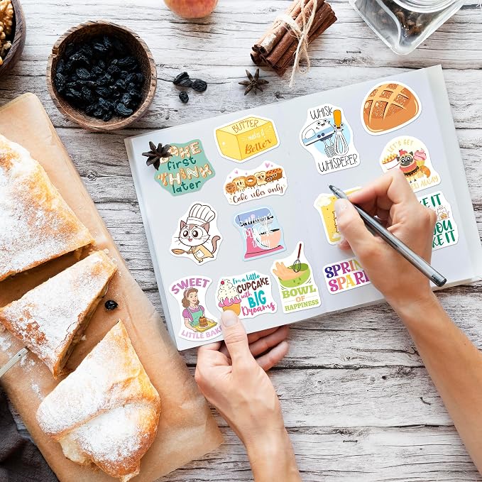 200PCS Baking Stickers, Bakery Vinyl Stickers for Laptops Water Bottles Scrapbooking, Baking Themed Gifts for Bakers, Cute Bakery Party Decorations