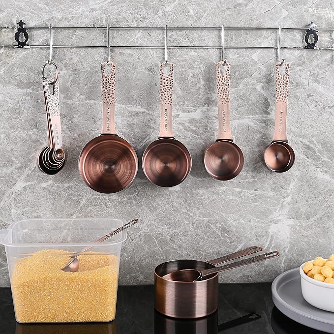 Copper Measuring Cups and Spoons Set, Metric & US Stainless Steel 5 Measuring Cups and 6 Measuring Spoons for Baking & Kitchen