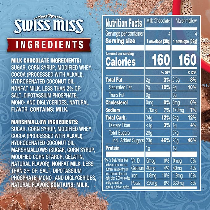 Swiss Miss Variety Pack Milk Chocolate & Marshmallow Flavored Hot Cocoa Mix, Hot Cocoa Bar Supplies, 1.38 oz., 8-Count Envelopes (12 Boxes)
