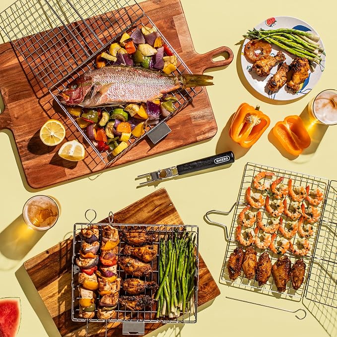 SHIZZO Grill Basket Gift Set - Removable Wooden Handle - Non-Stick Stainless Steel, BBQ Grilling Rack for Fish, Shrimp, Vegetables - Camping & Outdoor Smoker Accessories, Gifts for Dad, Husband