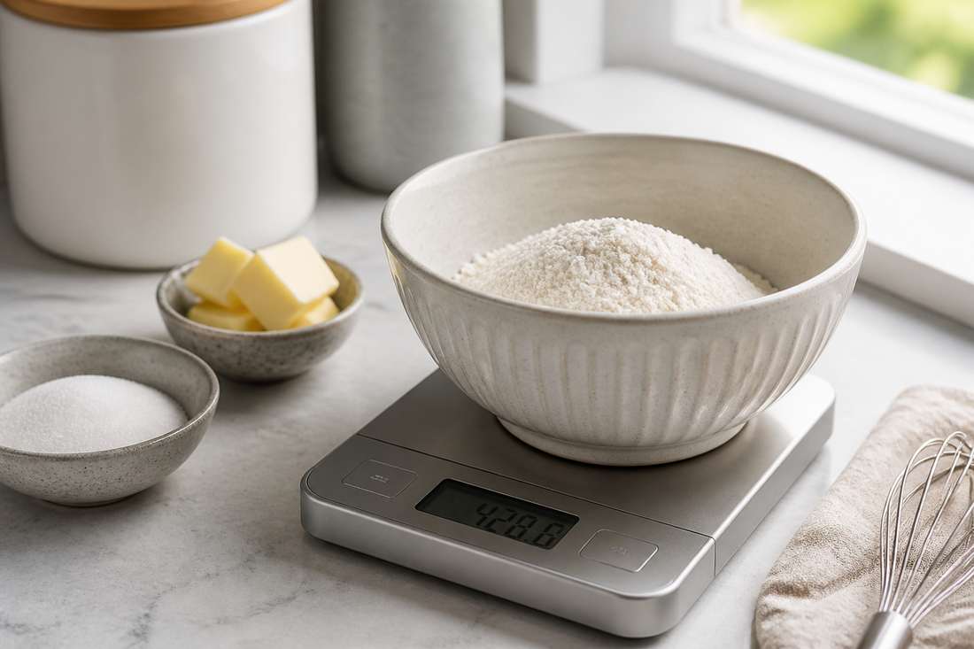 Digital kitchen scale weighing flour in a mixing bowl beside baking ingredients