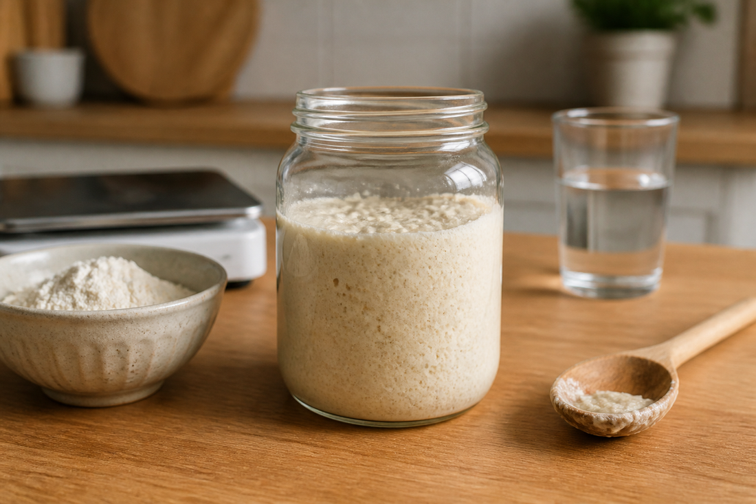 Freshly mixed sourdough starter in a clean glass jar beside flour and water