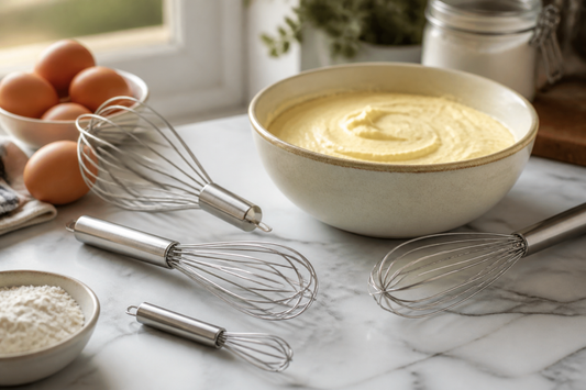Balloon, French, flat, and small whisks arranged around a bowl of cake batter with eggs and flour nearby