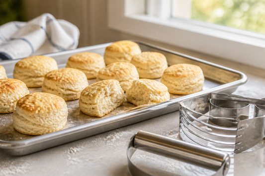 Fresh flaky homemade biscuits arranged on a baking sheet beside round biscuit cutters