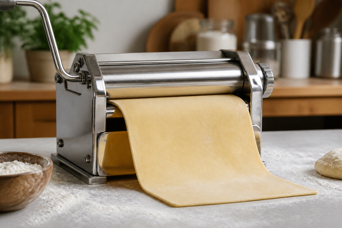 Manual dough sheeter rolling a smooth, even sheet of pastry dough on a clean work surface