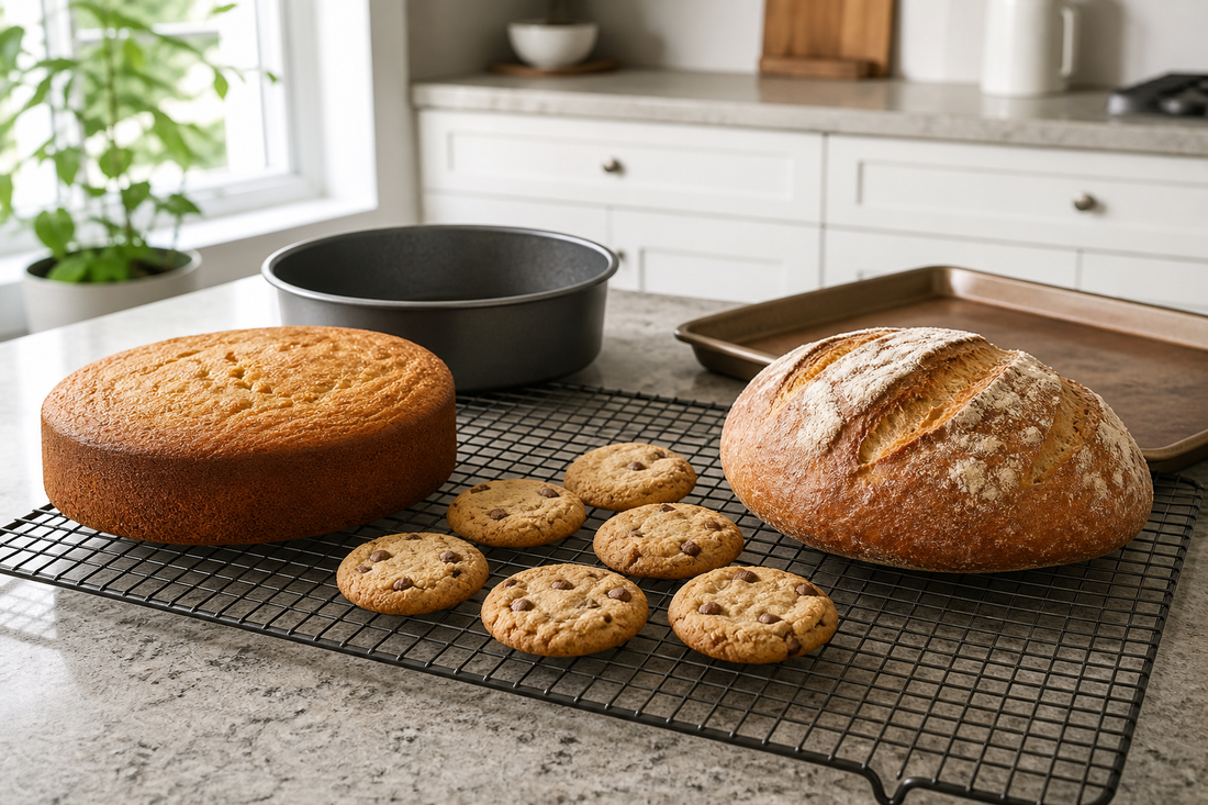 A wire cooling rack supporting a cake, cookies, and a loaf of bread beside baking pans on a kitchen counter