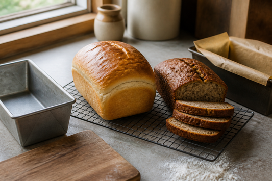 Sandwich bread and sliced banana bread cooling beside prepared and empty loaf pans