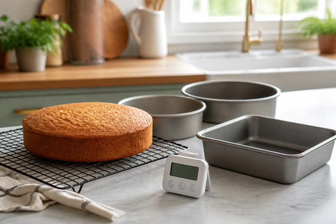 Several cake pans beside a freshly baked cake and kitchen timer
