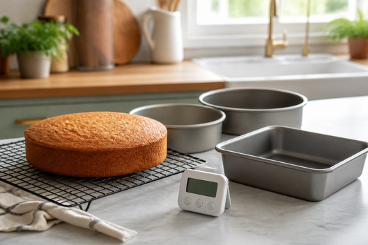 Several cake pans beside a freshly baked cake and kitchen timer