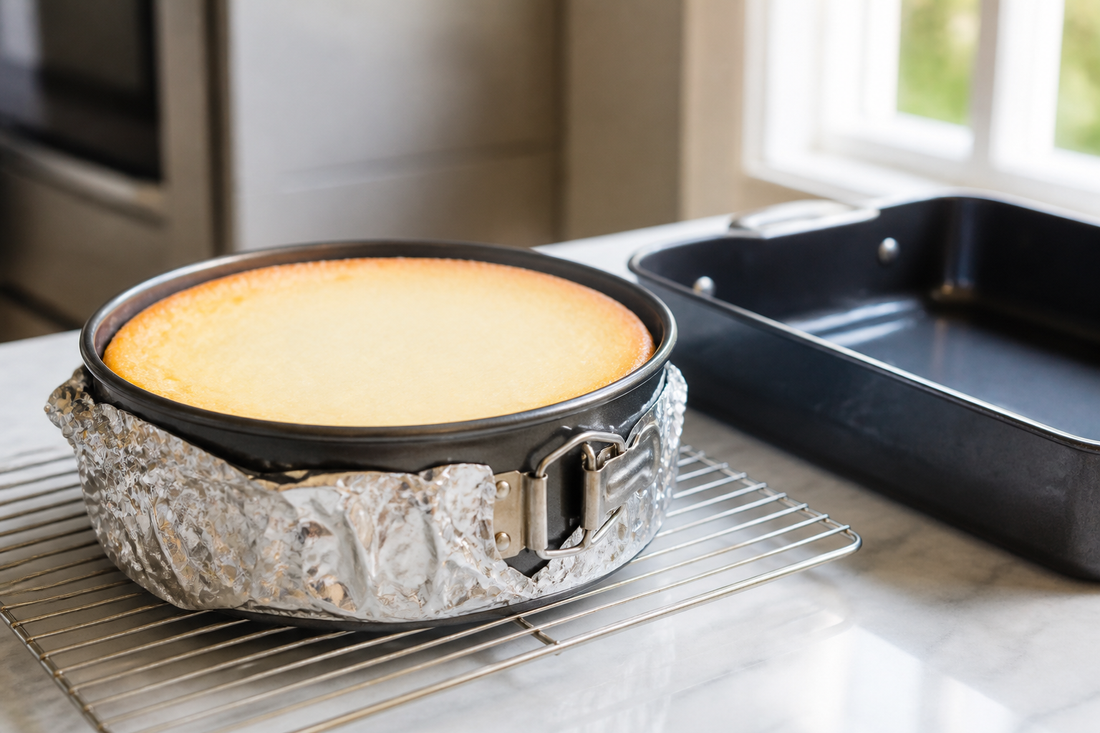 Smooth baked cheesecake in a springform pan with foil protection beside a roasting pan