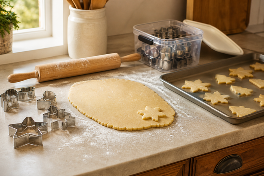 Clean cookie cutters, evenly rolled dough, a test cookie shape, and neatly arranged baked cookies on a kitchen counter