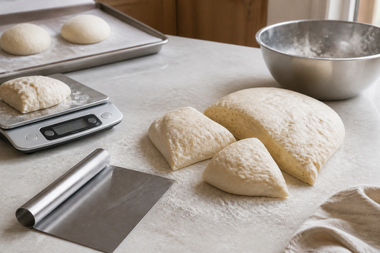 Dough scraper arranged beside divided dough portions on a prepared baking counter