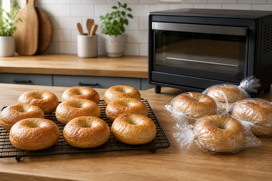 Homemade bagels cooling on a rack beside cooled bagels sealed for storage