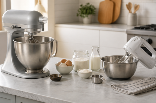 Stand mixer and hand mixer compared side by side with baking bowls and ingredients on a kitchen counter