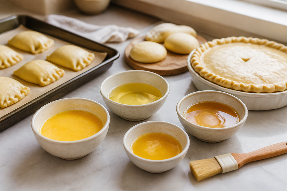 Pastry brush beside bowls of egg wash, glaze, melted butter, and oil with unbaked pastries and a baking pan