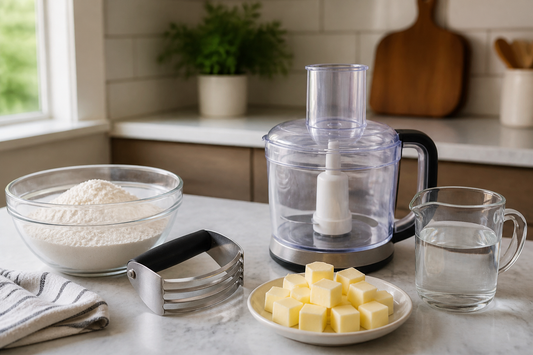 Pastry cutter and food processor arranged with flour, cold butter, and water for making pie dough