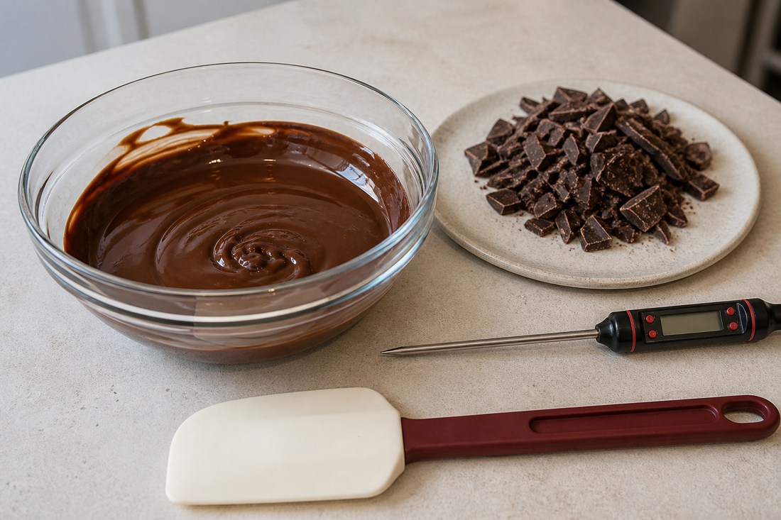 Home chocolate tempering setup with a bowl of melted chocolate, finely chopped seed chocolate, thermometer, and silicone spatula