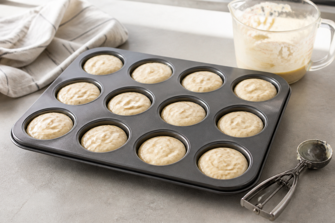 Muffin pan with evenly portioned batter and consistent filling tools ready for baking