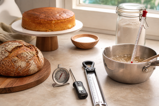 Kitchen thermometers beside freshly baked bread, cake, and a saucepan of candy syrup