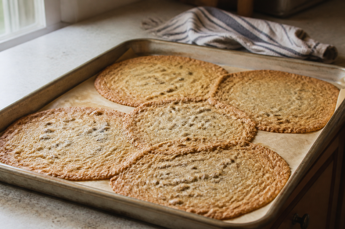 Homemade cookies spread into thin, oversized rounds and nearly merge together on a baking sheet