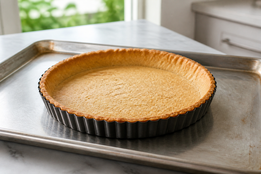Golden fully baked tart shell cooling in a fluted tart pan on a baking sheet