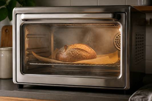 Small sourdough loaf baking with controlled steam inside a compact countertop convection oven