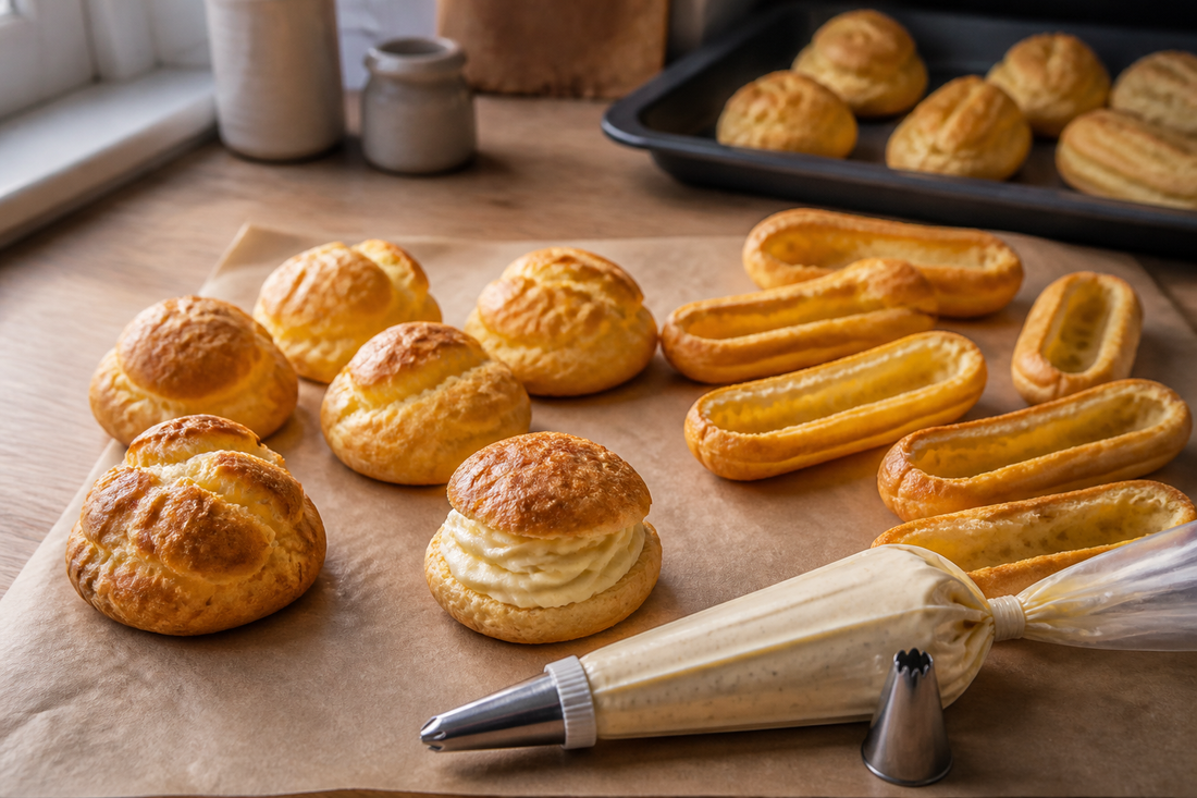 Golden profiteroles and unfilled eclair shells arranged beside a pastry piping bag and piping tip