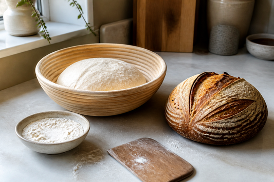 Shaped sourdough dough resting in a floured proofing basket beside a baked loaf
