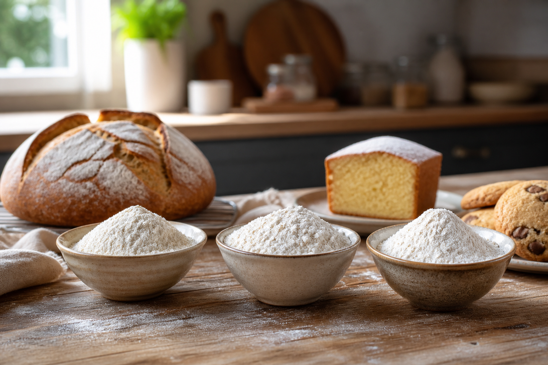 Three types of flour arranged with bread, cake, and cookies to compare baking results