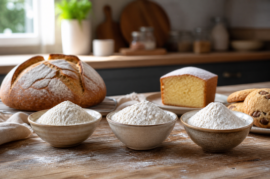 Three types of flour arranged with bread, cake, and cookies to compare baking results