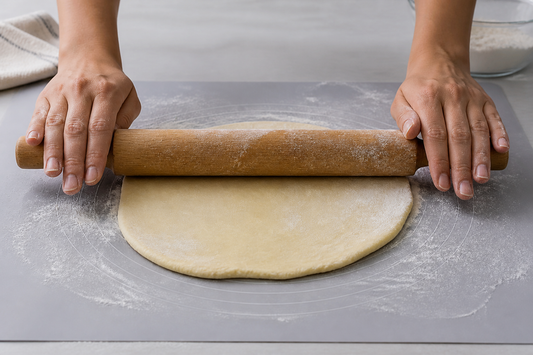 Hands using a rolling pin with steady pressure to roll pastry dough evenly on a lightly floured pastry mat