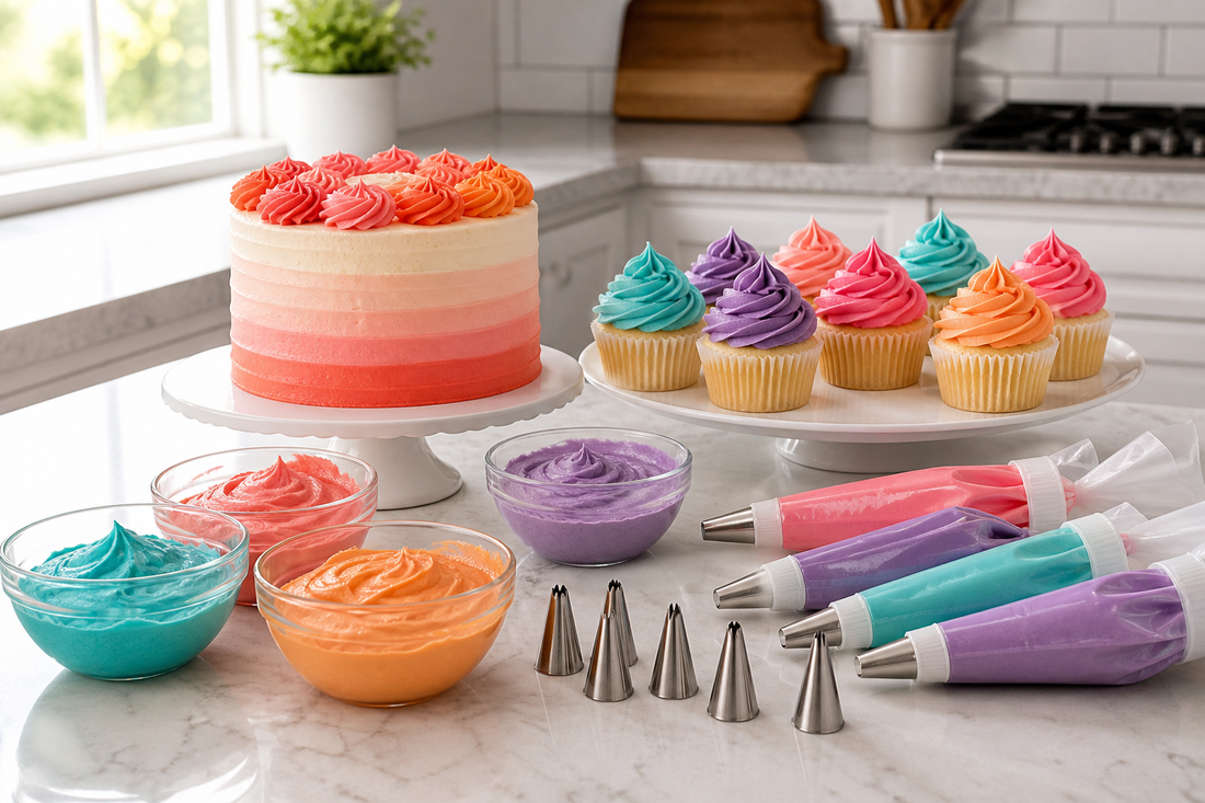 Piping bag and decorated cake and cupcakes on a baking counter
