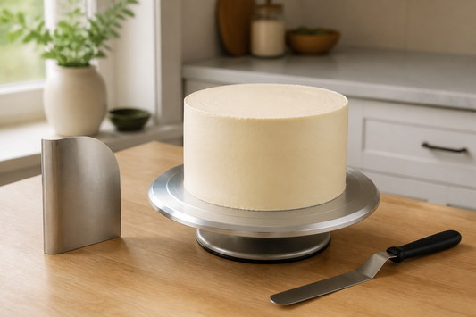 Smoothly frosted buttercream cake on a rotating cake turntable with a cake smoother beside it