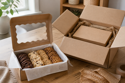 Homemade cookies in a windowed gift box beside a protective shipping carton