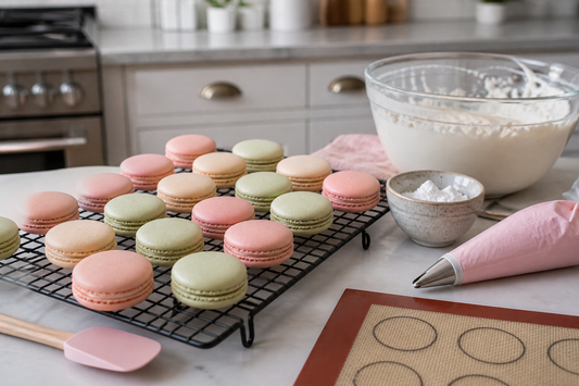 Finished French macarons on a cooling rack beside the tools and ingredients used to make them