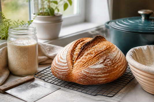 Finished rustic sourdough loaf with starter and baking tools on a kitchen counter