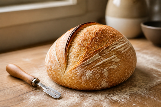 Freshly baked sourdough boule with a curved expansion score and subtle decorative marks beside a bread lame