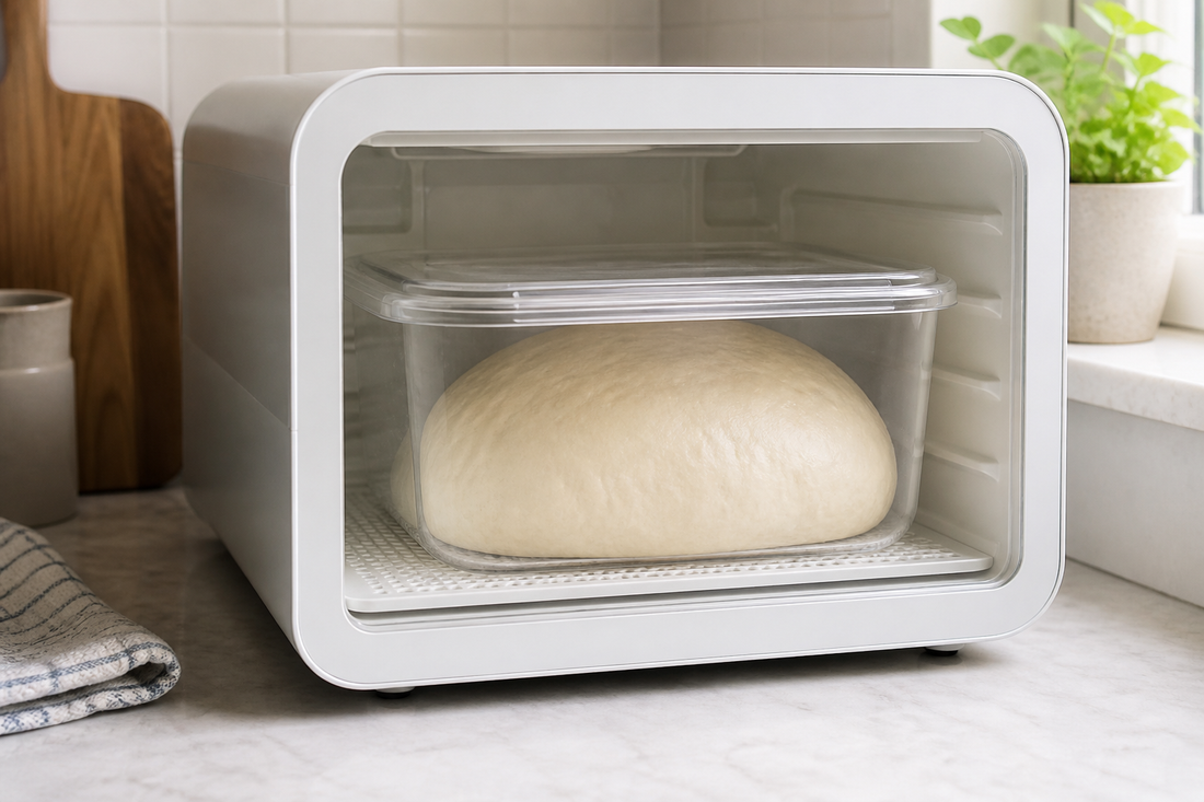 Covered dough rising inside a countertop dough proofer