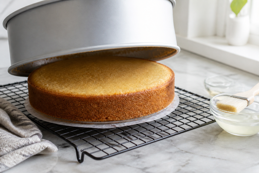 Freshly baked cake being turned out from a prepared round cake pan onto a cooling rack