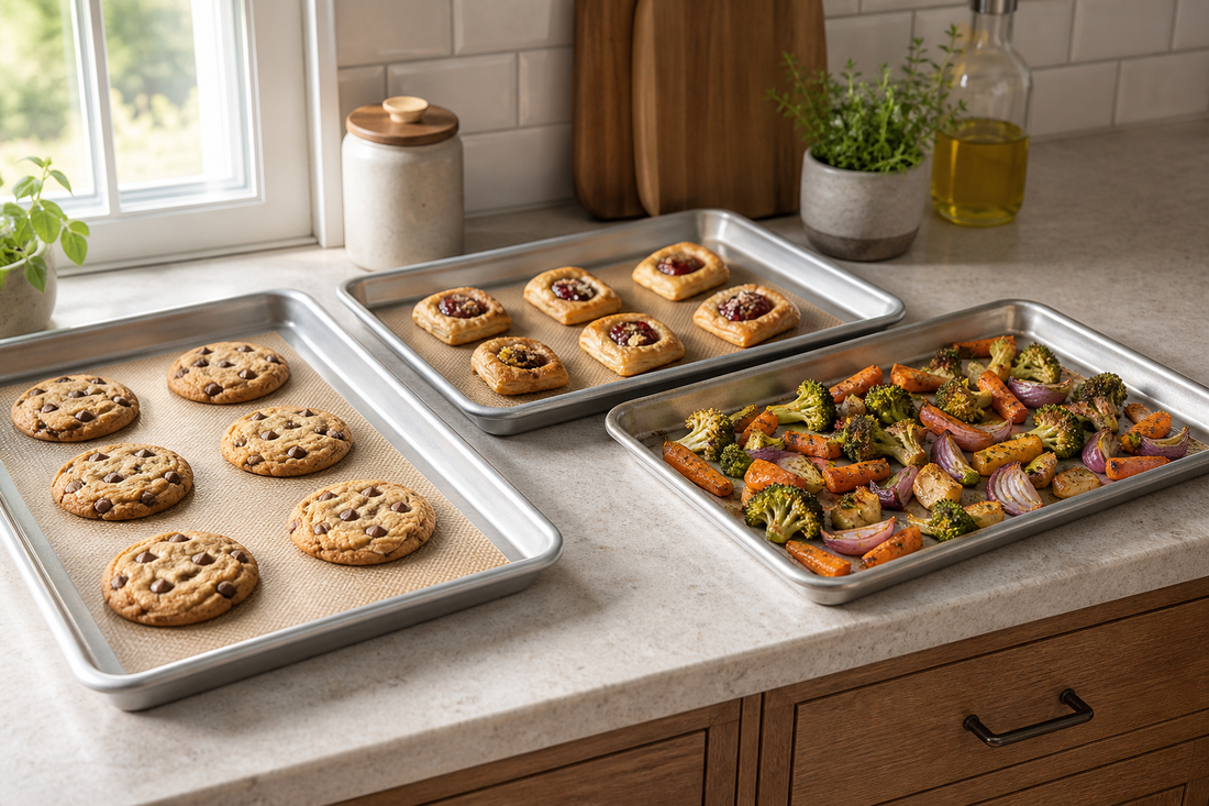 Different-sized baking sheets holding cookies, pastries, and roasted vegetables on a kitchen counter
