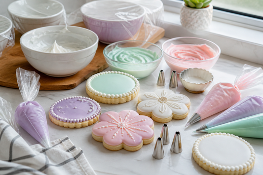 Decorated sugar cookies with separate royal icing portions and piping tools