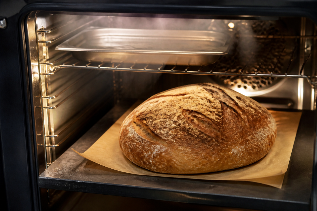 Sourdough loaf baking on a hot surface with a separate metal steam tray in an open home oven