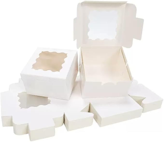 JIYIXhylera 30Pcs (6x6x3 in) Mini Cake Boxes with Display Window for Gift Giving, Bakesale, Cupcakes, Dessert, Cookies, Pie, Macaroons, Donuts, Pastry, Kraft Paper Material… (30Pcs White)