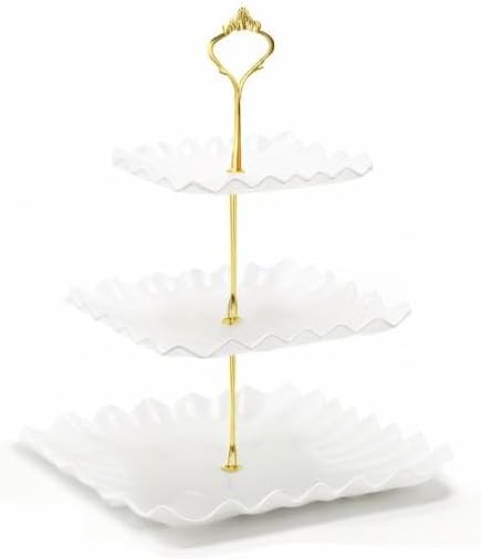Coitak 3 Tier Cupcake Stand, Plastic Tiered Serving Stand, Square Dessert Tray for Tea Party, Birthday and Wedding (Pure White)