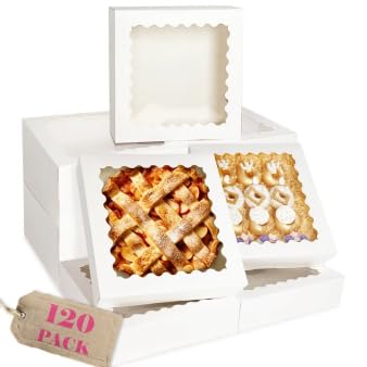 Bakepacker 120pcs White Pie Boxes 12"x 12"x 3" Easy Assemble Macaroon Cookie Boxes Bakery Boxes with Window for Bakery (Auto-pop Up)