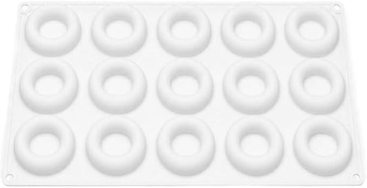 15 Cavity Mini Donut Ring Silicone Mousse Cake Mold, Round Hollow Circle Baking Mold, Non-Stick Food Grade Silicone Tray for Chocolate, Mousse, Ice Cream, Pudding, Dessert Pastry(White)