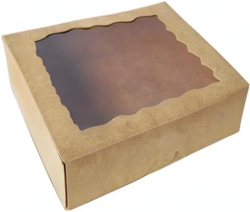 ONE MORE [25pcs] 9inch Kraft Brown Bakery Boxes, Large Pie Boxes with PVC Window Natural Disposable box for Cookie 9x9x2.5inch,25 of Pack