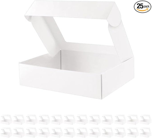 25 Cookies Boxes 10x8x2.5 Inches, White Bakery Boxes with Window, Strawberries Boxes with Window, Treat Boxes for Pie, Donuts, Cookies, Muffins, Chocolate, Party