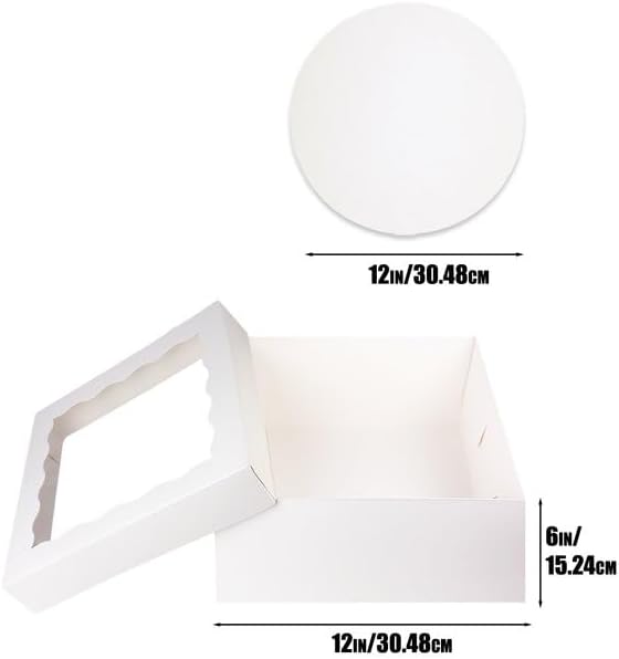 qiqee White 12"x12"x6" Cake Box 4Pcs, 6" White Cake Round Boards 4Pcs, for Cake, Treat Cookie Dessert, Birthday Party