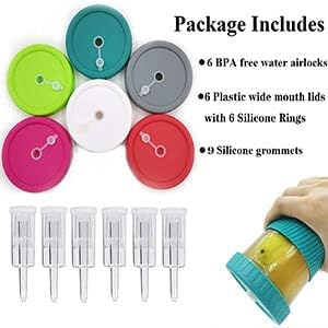 Fermentation Lids, Fermentation Kit for Wide Mouth Jars, 6 Set Plastic Fermenting Lids with 6 Airlocks, 6 Silicone Grommets, 6 Silicone Rings(Jars Not Included)